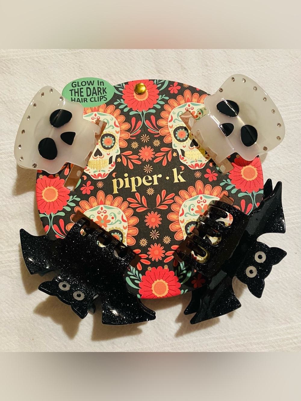 Piper K Halloween Glow In The Dark Skull & Glitter Bat Hair Claw Clip Set